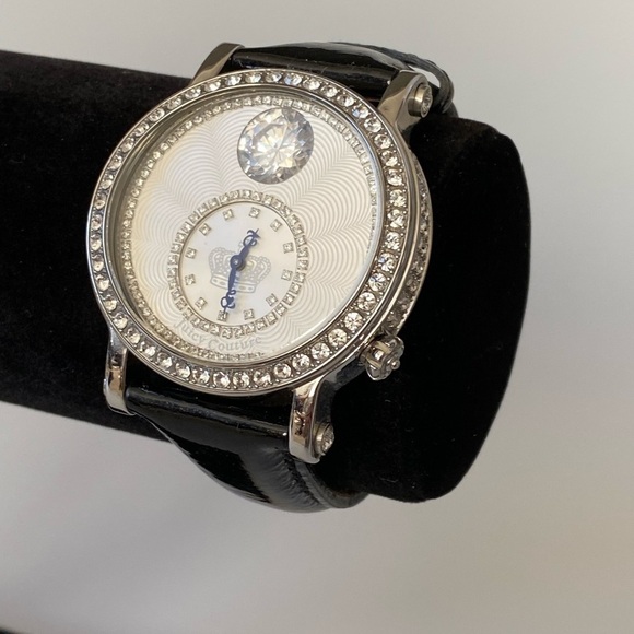 Juicy Couture Watch Lady’s Crystals Black Leather Band New Battery Working - Picture 1 of 16